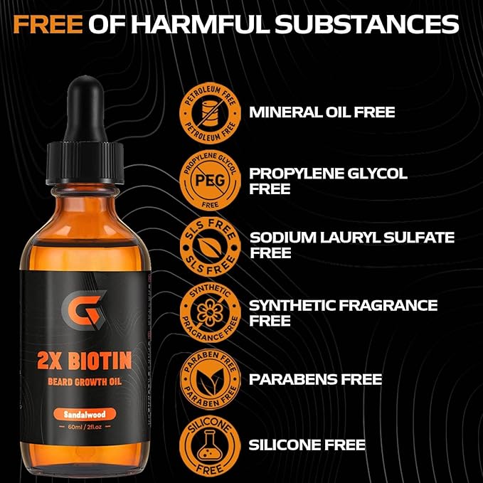 2X Biotin Beard Growth Oil for Men - Natural Organic Leave-in Conditioner & Softener - Mustache & Facial Hair Thickener, Moisturizer & Strengthener - Anti Itch & Dandruff Serum, 2 fl.Oz (Sanda)