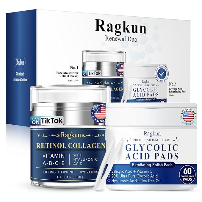 Retinol Cream for Face, Collagen Neck Creams for Tightening and Firming, Anti Aging Day & Night Facial Moisturizer for Women & Men, Instant Face Lift Wrinkle Cream 1.7 fl. oz with Glycolic Acid Pads