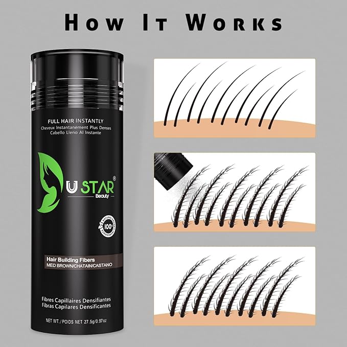 Ustar Hair Building Fibers for Thinning Hair 12g Conceals Hair Loss Instantly Thicker Fuller Natural Look 9 Shades for Women & Men (Medium Brown)