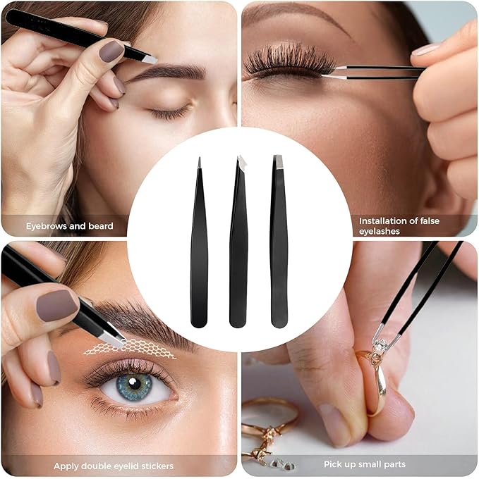 Eyebrow Tweezer Set 3-Piece for Women & Men - Professional Set with Case - Precision Tweezers Kit for Facial Hair, Splinter and Ingrown Hair Removal