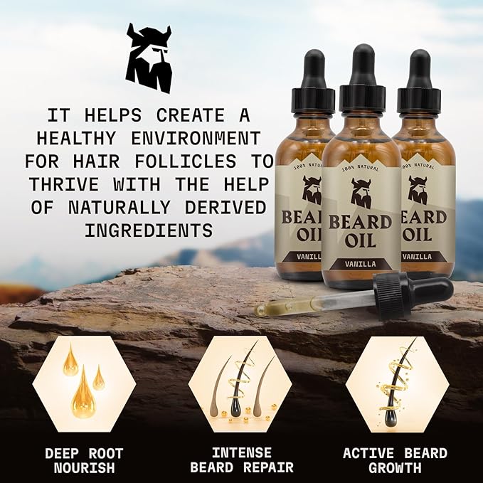 Striking Viking Beard Oil for Men - 2 Fl Oz, Pack of 3, Vanilla - Nourishing Jojoba, Almond & Argan Oil Blend - Fuller Beard Growth - Itch & Flake-Fighting Tea Tree