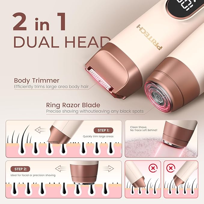 PRITECH Bikini Trimmer for Women, 2-in-1 Painless Electric Razors for Silk Skin, Portable Lady Shaver for Women Private Area, Face, Legs & Underarms, Wet/Dry LED