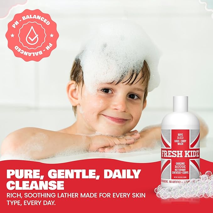 Fresh Kidz Hair & Body Wash for Kids and Teens - Gentle Bath and Shower Cleanser for All Skin Types - Boys Red, 16.9 fl.oz.