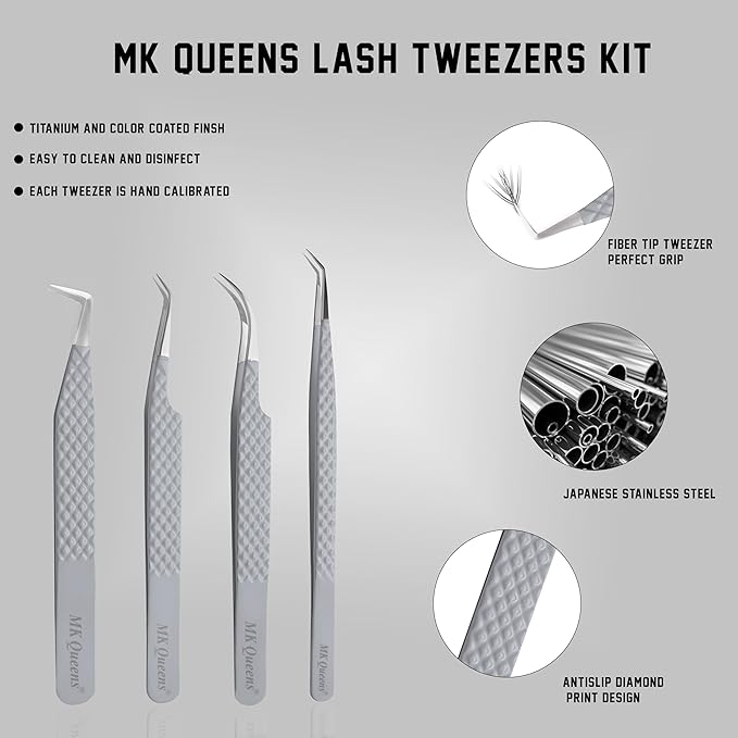 Lash Tweezers - Stainless Steel Fiber Tip Eyelash Tweezers (Set of 4) - Diamond Grip Professional Lash Tweezers for Eyelash Extensions (Grey)