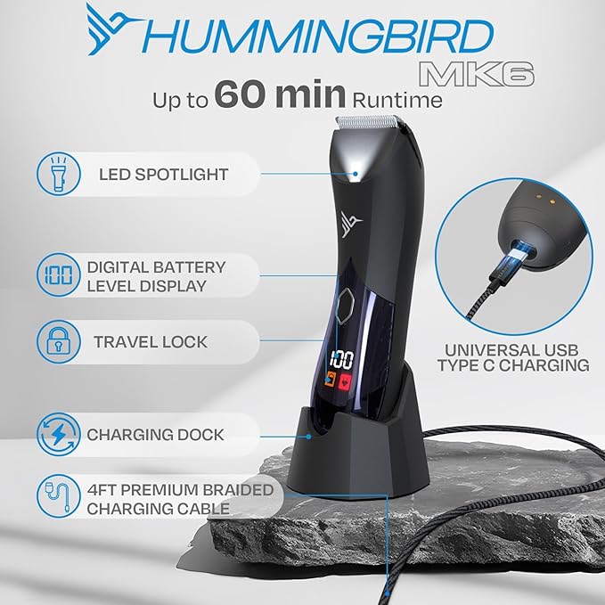 HUMMINGBIRD MK6 Body Hair Trimmer for Men – Wide Ceramic Blade, No Nick, No Cut, Ball Trimmer & Body Shaver, Waterproof, USB-C Rechargeable, LED Display, Charging Dock & Travel Pouch, Body Groomer