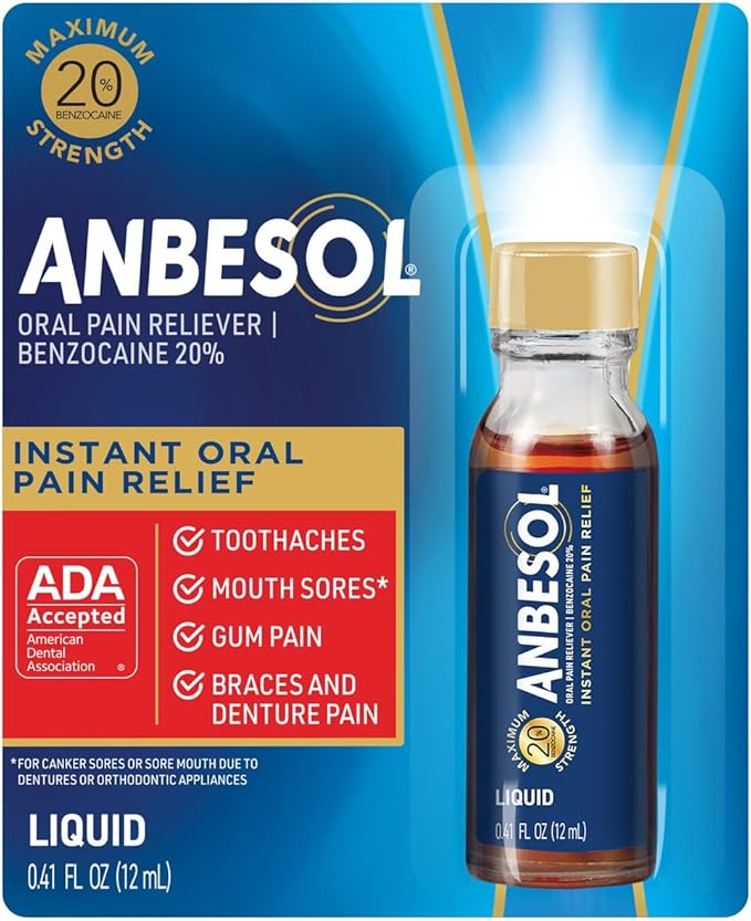 Anbesol Maximum Strength Liquid - Instant Oral Pain Relief, for Toothaches, Gums, Braces, & Denture Pain, and Mouth Sores*, Canker Sore Treatment Inside Mouth, ADA Accepted, 0.41 oz