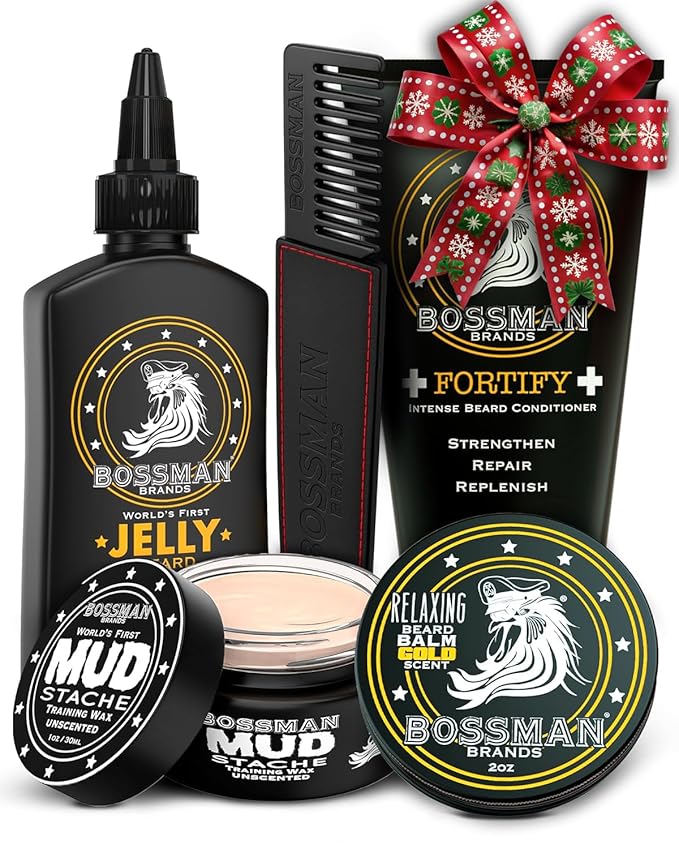 Bossman Complete Beard Kit – Men's Beard Oil Jelly, Fortifying Shower Conditioner, Balm, Mustache Wax & Comb – Beard Softener & Grooming Care (Gold Scent)
