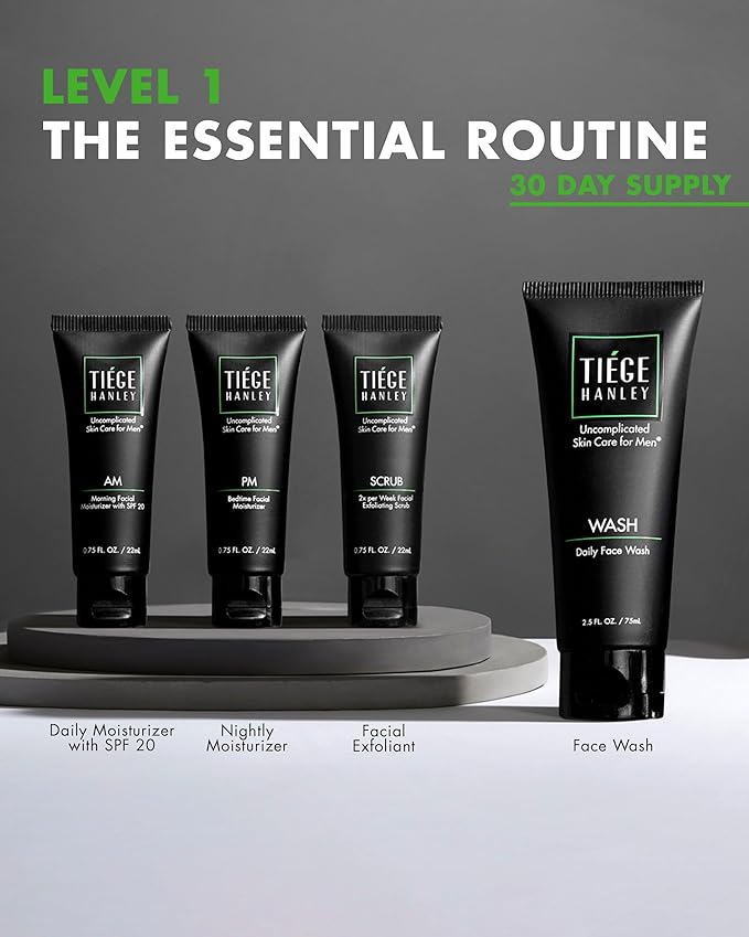 Tiege Hanley Skin Care Set for Men, Essential Routine, System Level 1, Daily Face Wash, Facial Scrub, Moisturizer With SPF, and Night Cream for Healthy, Hydrated Skin, Men’s Skin Care, 4 Piece Kit