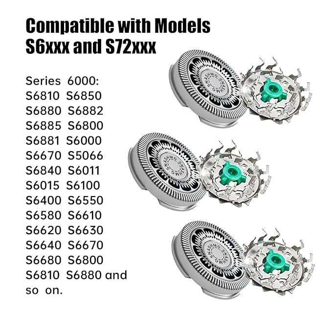 3 PCS SH60 Replacement Heads Compatible with Philips Norelco 6000 Replacement Blades Series 6000 Electric Shaver Razors for S6000 S6550 S6840 S6580 & Brush