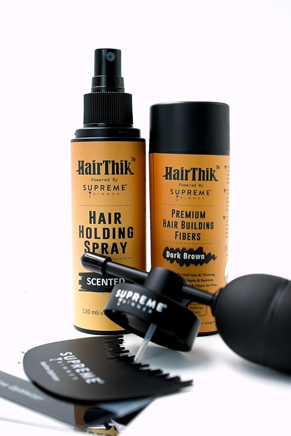 Supreme Trimmer Hair Fibers 9-in-1 Kit | 25G Keratin Fibers, Pump Nozzle, Hairline Cards, S&L Shaker, Brush, Wipes, Mirror, Hold Spray | Conceal/Thicken Thinning Hair in Men & Women | Dark Brown