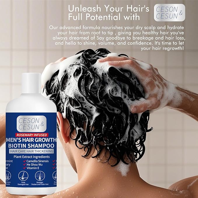 Ceson&Cesun Rosemary & Biotin Hair Growth Thickening Shampoo for Men | Anti-Thinning Hair Strengthening | Hydrate Cleanse Hair & Scalp | Hair Regrowth Shampoo, Dry Damaged Hair Care For Men and Women