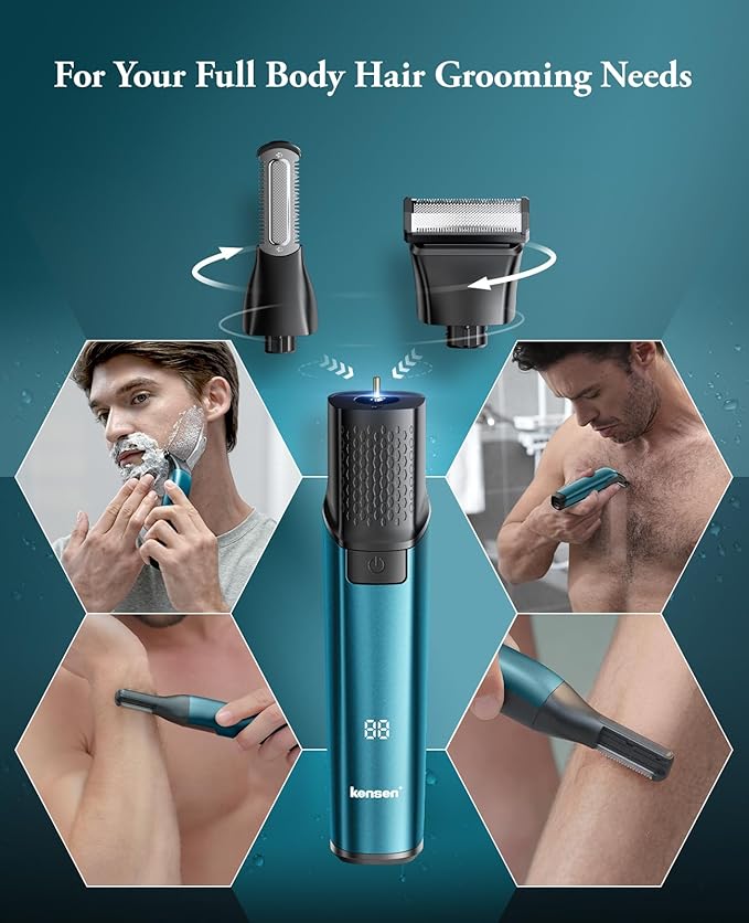 Body Hair Trimmer for Men - 2 in 1 Dual-Head Electric Shaver & Groomer, Ball Shaver with 30° Rotating Blade Adjustable Comb Mens Electric Razor IPX6 Wet & Dry for Face Groin Pubic Hair Trimmer Green