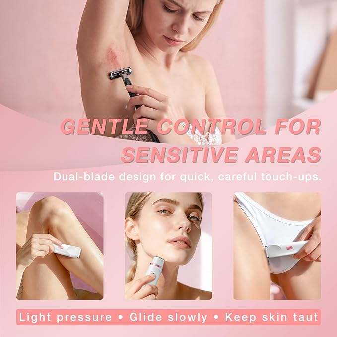Bikini Trimmer for Women, Dual-Ended Electric Razor Personal Shaver for Bikini Line & Pubic Hair, Waterproof USB-C Rechargeable Body & Face Trimmer for Underarms & Legs (Ivory White)