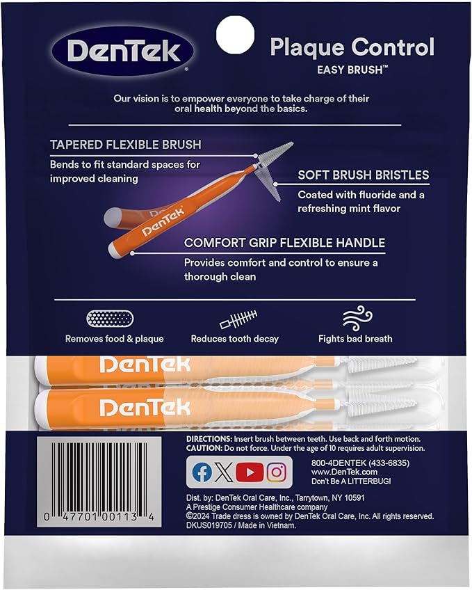 Dentek Interdental Brushes - Standard, Mint Flavor, 10 Count - Easy-Brush Interdental Plaque Remover with Fluoride - Cleans Tight Spaces Around Teeth, Braces & Other Dental Appliances