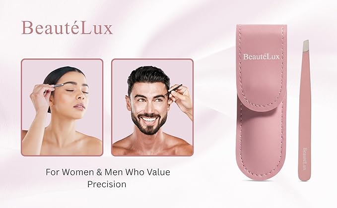 Slant Tip Eyebrow Tweezer for women & men – Stainless Steel Tweezers, Stocking Stuffer for women & men Facial Hair Removal tweezers for Chin hair, Ingrown Hair tweezer, Pink Travel tweezers with case