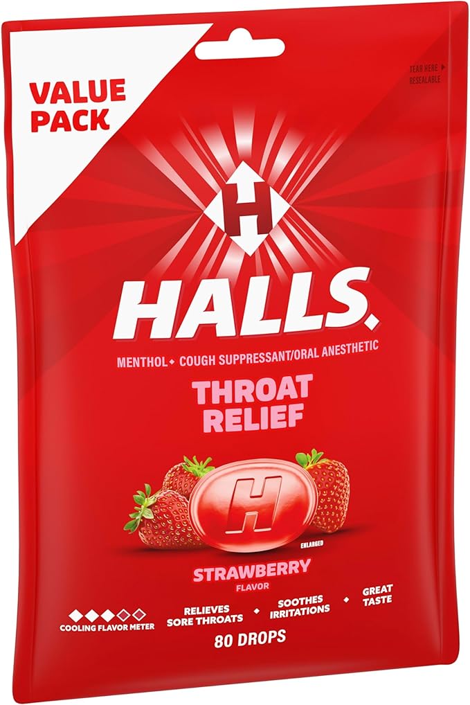 HALLS Throat Relief Strawberry Cough Drops, Value Pack, 80 Drops