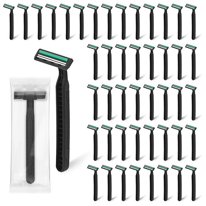 Disposable Twin Blade Razors in Bulk, Individually Wrapped - Clear Safety Cap, For Homeless, Hotel, Airbnb, Travel (pack of 50,black)