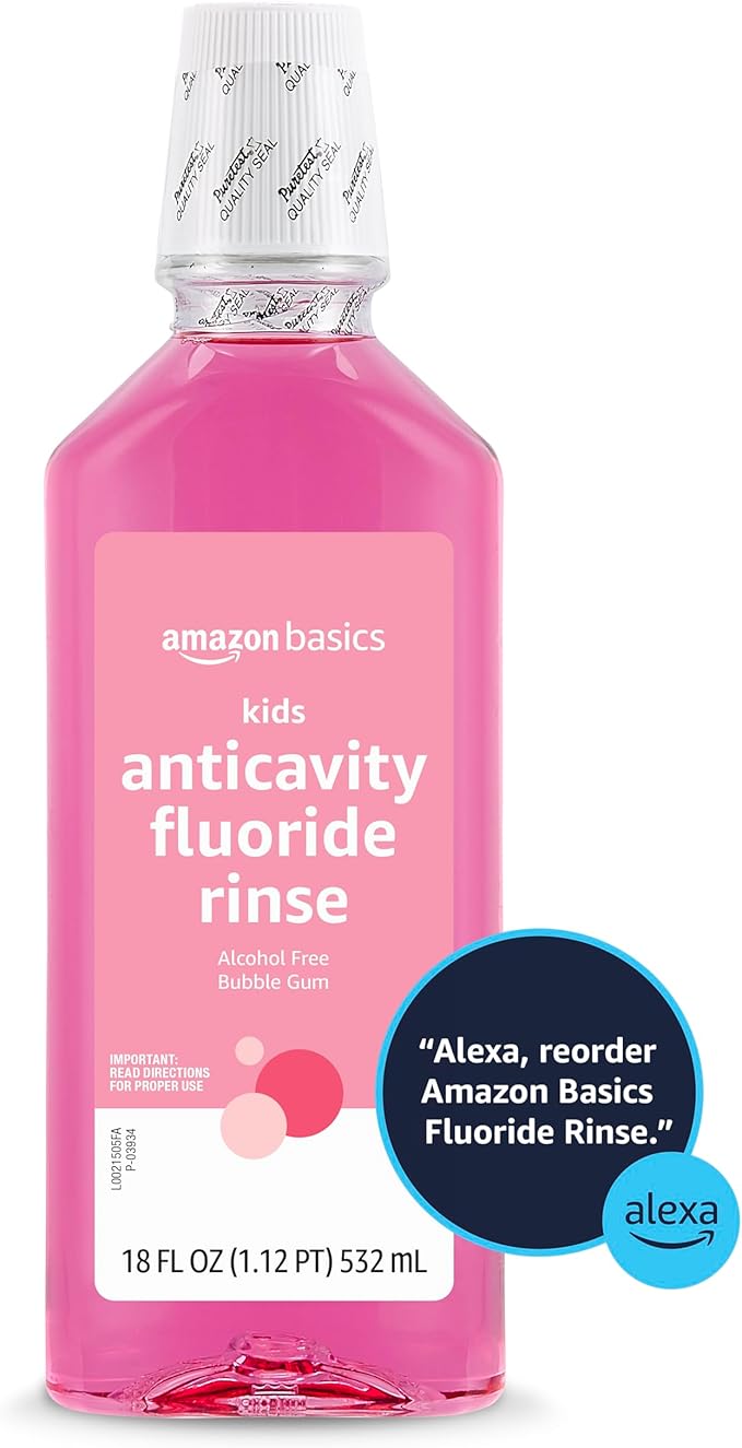 Amazon Basics Kids Mouthwash with Fluoride, Anticavity, Alcohol-Free Bubble Gum Flavor, Cavity Prevention, 18 fl oz