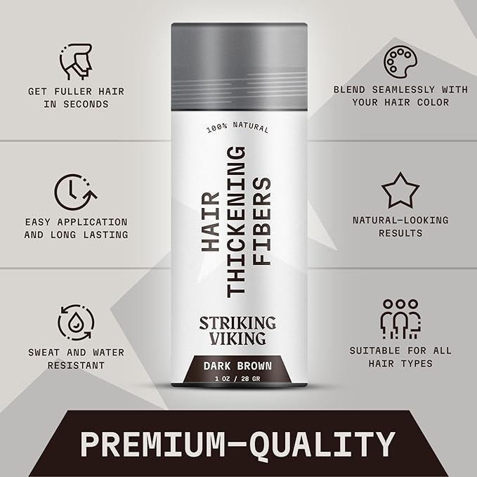 Striking Viking Hair Fibers for Thinning Hair - Dark Brown, 0.98 Oz, Pack of 1 - Volume-Boosting Thickening Powder - Long-Lasting Hold Styling Powder