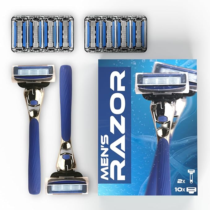Men’s Razor with 2 Handles & 10 Refill Blades – 7 Blade for Smooth, Close Shave – Precision Trimmer – Refillable Razor for Men, All Skin Types