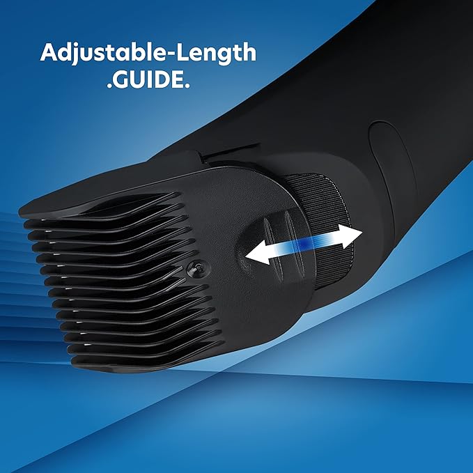 Groom Essentials Rechargeable Hair Trimmer, Body-Hair Shaver with Ceramic Blades, Adjustable 3-Setting Trimming Guide, 90-Minute Battery, Includes Trimmer Stand, Cleaning Brush, and USB Charging Cable