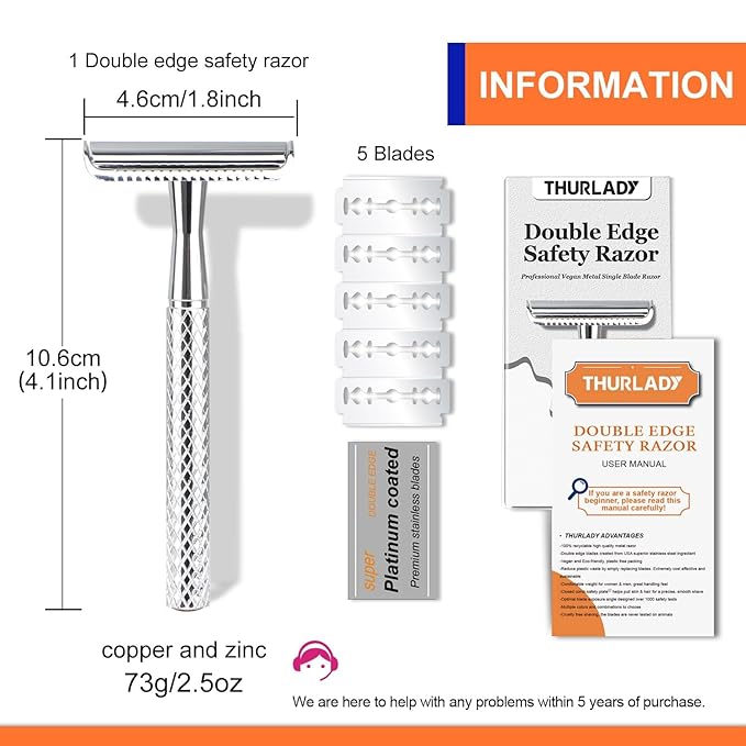 Bright Silver Safety Razor - Single Blade Razors for Men - Reusable Metal Razor, with 5 Stainless Steel Double Edge Blades, Smooth Close Shave, Sustainable, Plastic Free