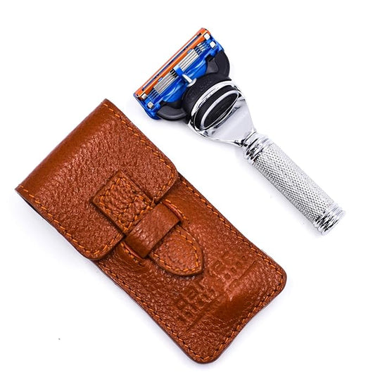 Parker Travel Fusion Safety Razor – Compact 2.75″ Fusion-Style Razor with Luxurious Saddle-Leather Sheath & 1 Gillette Fusion Blade, Pocket-Friendly & Durable Design