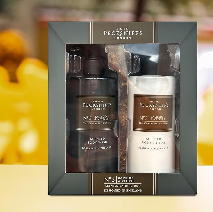 Pecksniffs Mens Bathing Duo Collection – Bamboo & Vetiver Scented Body Wash and Body Lotion Gift Set, 2 x 250ml