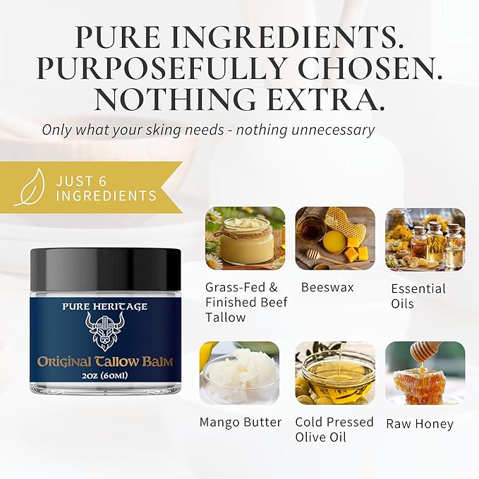 Pure Heritage Original Tallow Balm – Grass-Fed & Finished Moisturizer & Healing Cream with Frankincense & Cedarwood | Natural Care for Sensitive Skin, Eczema, Rosacea, Babies, Men & Women (2oz)