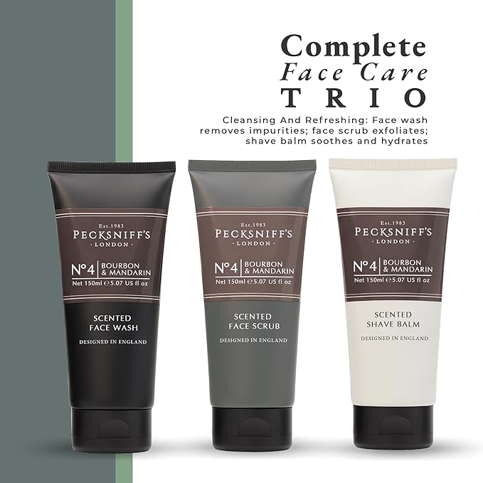 Pecksniff’s Men’s Trio Face Collection – Bourbon & Mandarin – Face Wash, Face Scrub & Shave Balm Gift Set, 3 x 75ml