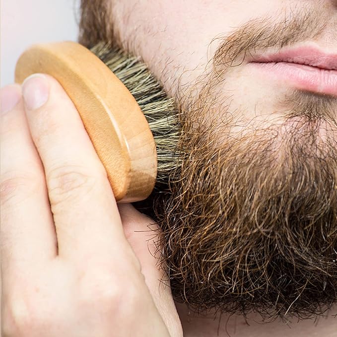 Fan Wu Beard Brush and Dual-Sided Wood Comb Set – Natural Boar Bristle Grooming Kit with Velvet Travel Pouch, Anti-Static for Beard, Mustache & Hair – Gift for Men