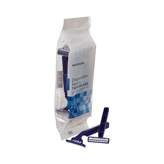 McKesson Disposable Razors, Stainless Steel Twin Blade, Lubricated Strip, Ribbed Handle, Blue, 10 Count, 12 Packs, 120 Total