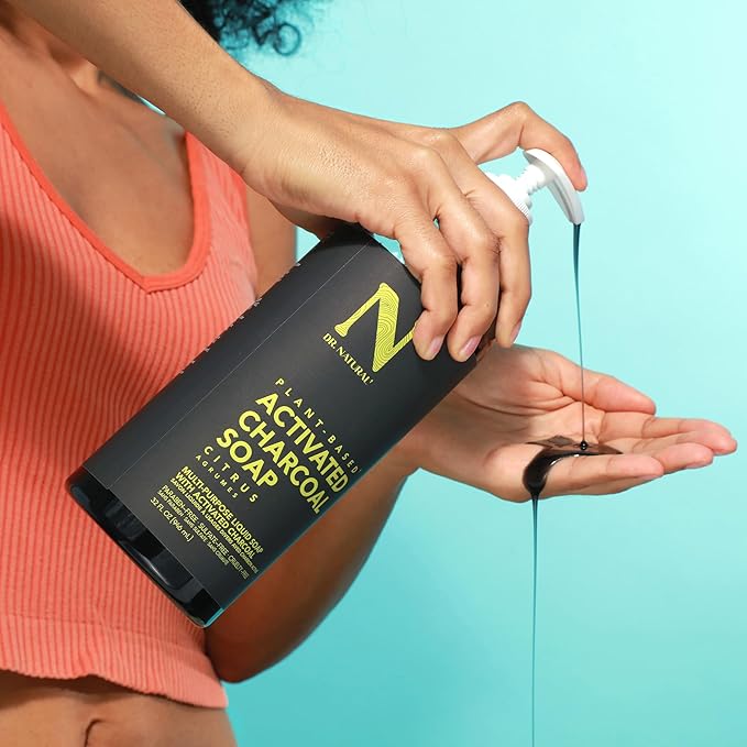 Dr. Natural Activated Charcoal Liquid Soap - Combat Acne and Blemishes - Deep Cleansing Body Wash - Gentle Body Soap for Clear Skin - Citrus - 32 oz