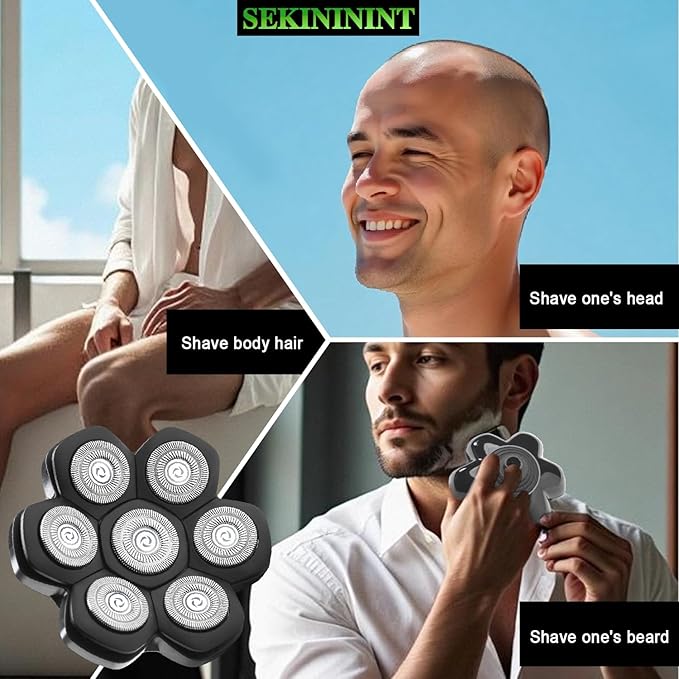7 Blade Floating Replacement Shaving Head, Universal Washable Shaver Blade Heads Replacement for Bald Man Head Shaver Compatible for Rotary Shavers (Black)