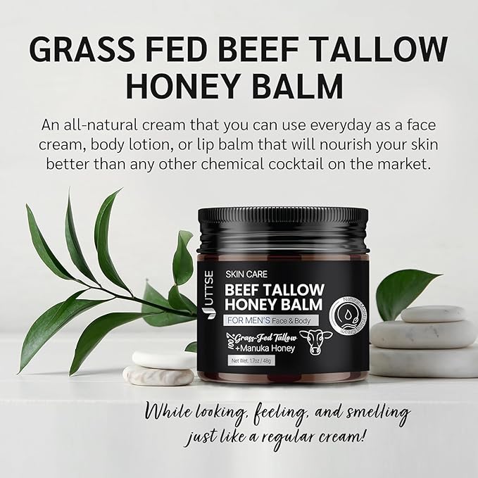 Men's Beef Tallow for Skin Care:100% Grass-Fed Beef Tallow Face Moisturizer For Men - Tallow and Honey Balm With Olive Oil Manuka Honey For Sensitive Dry Skin Repair 1.7 oz