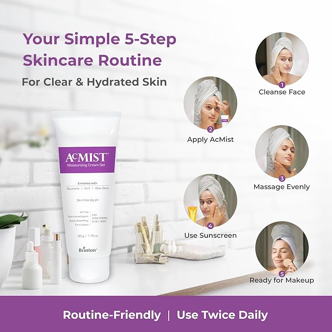 Acmist Moisturizing Cream Gel for Oily & Acne-Prone Skin | Oil-Free, Non-Comedogenic, Quick Absorbing & Makeup Friendly | With Vitamin E, Aloe Vera & Squalane | For Men, Women & Teens | 50g/1.67 oz.