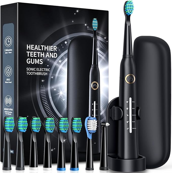 TEETHEORY Electric Toothbrush with Travel Case, Sonic Toothbrush for Adults with 8 Brush Heads for 2-Year Use, 40000 VPM Deep Clean Rechargeable Toothbrushes Last 30 Days with 5 Modes