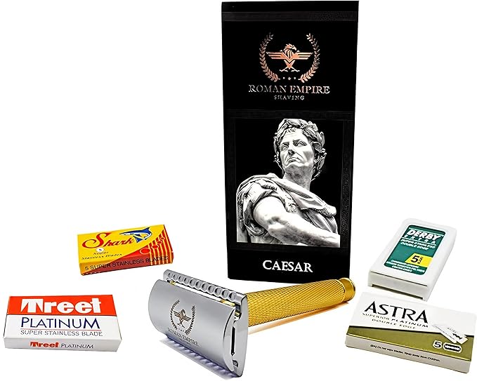 Caesar Gold Safety Razor by Roman Empire Shaving with Set of 20 Shaving Blades (Astra-Derby-Shark-Treet)