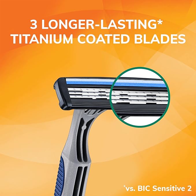 BIC Sensitive 3 Disposable Razors for Men With 3 Blades for Sensitive Skin, 12 Count Value Pack of Shaving Razors
