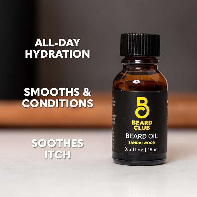 The Beard Club Premium Sandalwood Beard Oil for Men - Natural Castor & Sunflower Seed Oils - Beard & Mustache Conditioner - Hydrates, Moisturizes & Soothes Dry Skin - Strengthens Hair Follicles