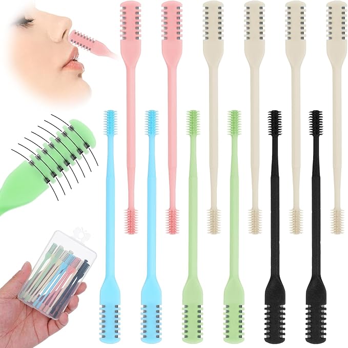 2-in-1 Nasal Hair Cutter Double Sided Nose Hair Knife Nose Hairs Trimmer 12PCS Portable Nostril Hairs Remover Tool 360° Rotating Manual Nosehair Blade for Women Men Personal Cleaning with Case
