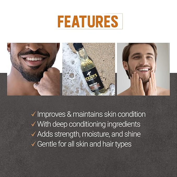 Woody's Beard Wash for Men - Beard Wash and Conditioner, Cleanses Facial Hair & Skin, Aloe Vera & Chamomile Scent, 6.3 fl oz
