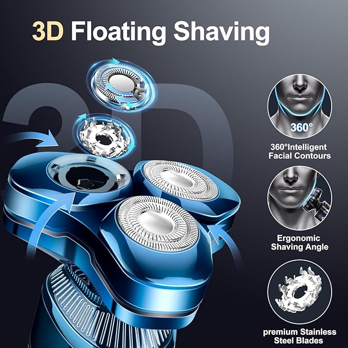 Men's Electric Razor, Upgraded 4D Floating Magnetic Blade Head Rotary Shaver, 3-in-1 Multifunctional for Beard/Nose/Sideburns, IPX7 Waterproof Rechargeable Cordless Shaver, Turbo Speed, Gift for Men