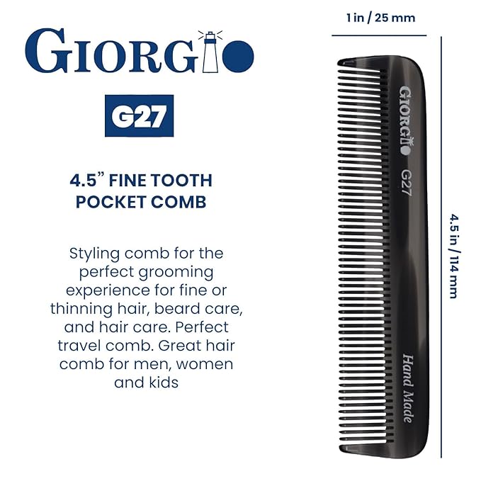 Giorgio G27T/G Handmade All Fine Tooth Pocket Comb, Hair Comb Straightener for Everyday Grooming Styling Hair, Mustache and Beard for Men Women and Kids, Saw Cut and Polished (Tortoiseshell)