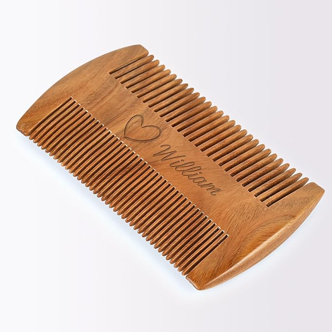 Onedor Wooden Comb, Personalized Custom Fine Tooth Combs for Men's Hair, Beard & Mustache, Anti-Static Sandalwood Comb, 100% Nature Handmade, Customized Gifts for Men - With Leather Case