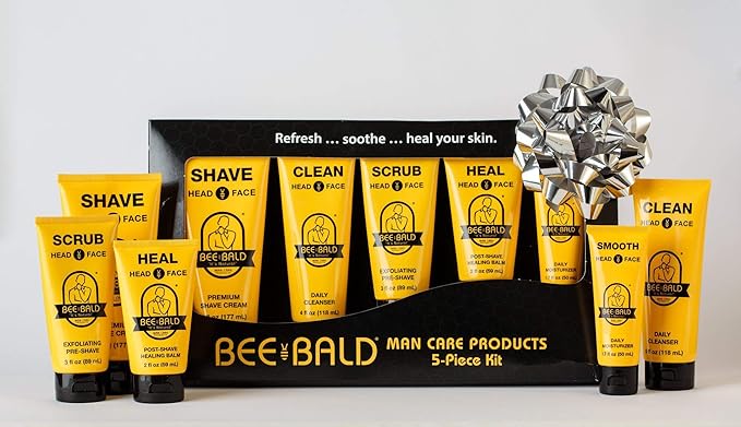 Bee Bald Premium Gift Set for Bald Men, Gift to Combine with Head Shavers for Bald Men Gift - Includes Bald Head After Shave, Moisturizer, Shaving Cream, Exfoliator, and Cleanser (5 Piece Kit)