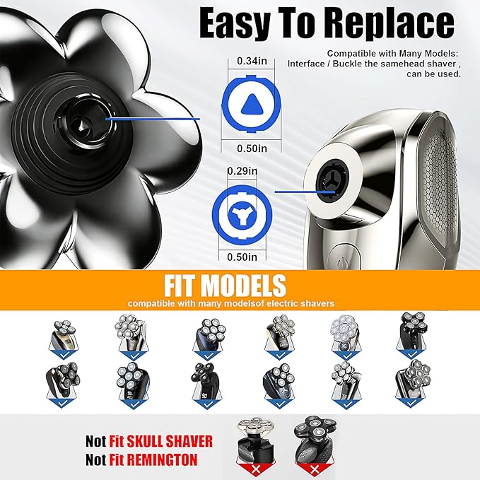 7 Head Magnetic Shaver Head Replacement for Freebird/SHPAVVER/Wyklaus/Cyruzi Head Shaver Bald Men - Universal Fit for Most Brand Shavers, Head & Face Grooming (Silver/2Pack)