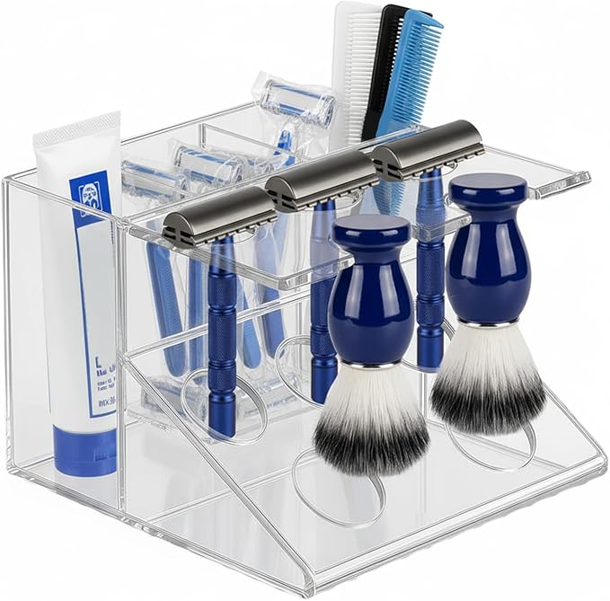 Shaving Brush Stand and Razor Holder, Safety Razor Stand for Men with Smooth Scratch-Resistant Surface - Multi-Function Storage Solution to Prolong Your Brush Life - Fits Most Razors and Brushes