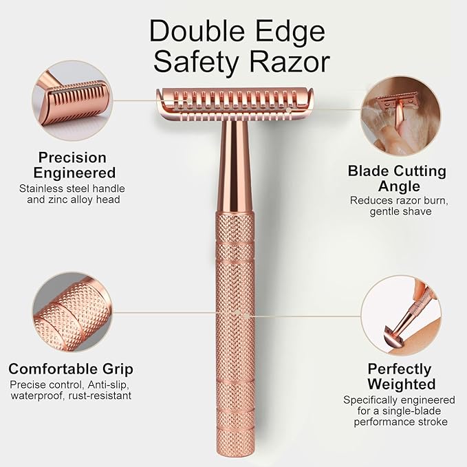 Double Edge Safety Razor with 10 Blades and Stand, Single Blade Razors for Men and Women, Long and Heavy Duty Stainless Steel Handle, Smooth Close Gentle Shave, Rose Gold