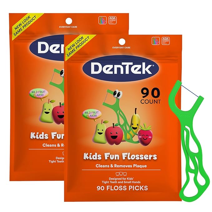 DenTek Fun Flossers – Kids Floss Picks with Wild Fruit Flavor, 90 Count (Pack of 2)